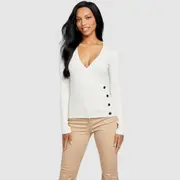 GUESS White Vicky Surplice Sweater Top Size: Large, Polyamide