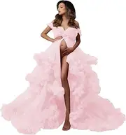 [QQcute] Tulle Maternity Dress for Photoshoot Off Shoulder Bridal Robe Puffy Ruffles Lingerie Bathgown Illusion Wedding Scarf, Pink, Small-Medium