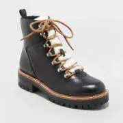 A New Day Hiking Boots Womens 10 Leighton Black Faux Leather Round Size 5-1/5