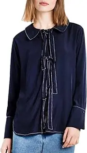 [HaoDuoYi] Women's Basic Navy Style Tie Front Button Down Top Shirt