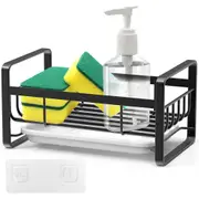 Stainless Steel Kitchen Sink Brush Sponge Holder Soap Dispenser Rack with Removable Drain Tray