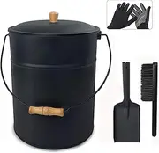 Ash Bucket with Lid and Shovel, 4 Gallon Fireplace Bucket for Ashes, Metal Bucket Includes Hand Broom and Gloves for Fire Pit, Wood Burning Stove and Grill - 10" (ID) x 12" (H)