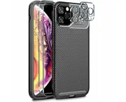 For Apple iPhone 15 Pro Max Fiber Rugged TPU Case Cover + [2+2] Full protective tempered Glass Screen Protector