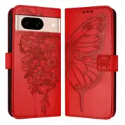 For Google Pixel 8a Case, Butterfly Embossed Flip PU Leather Wallet Cover, Red