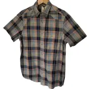 Solaris Shirt Mens Small Outdoors Snap Front Blue Plaid Short Sleeve Pocket NEW
