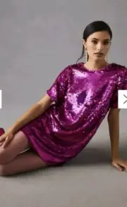 Anthropologie Verb by Pallavi Sequins Shift Rose Pink Lined Mini Dress NEW S