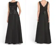 Aidan Mattox Boat Neck V-Back Sequin Lace Bodice Black Chiffon Gown Dress 2 $465