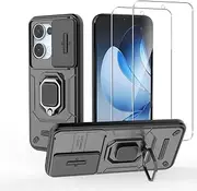NUCNOK Case for Oppo Reno 13 5G + [2 Pack] Tempered Glass Screen Protector,Shockproof Hard PC+Soft TPU Silicone Cover with Ring Kickstand Slide Camera Cover,Scratch-Resistant,Anti-Drop