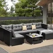 Livsip Outdoor Lounge Setting 7pc Outdoor Furniture Garden Patio Wicker Sofa Set Rattan Table and Chairs Black