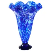 Hand Blown Cobalt Blue Confetti Art Glass Flower Vase - 10" Tall