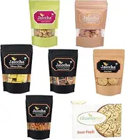 Ghasitaram Gifts Diwali Gift - Best of 7 Soan Papdi Box, SOYA Sticks Pouch, Coin Biscuits Pouch, Methi Mathi Pouch, Barbeque Cashews Pouch, MEWA Bites Pouch, Assorted Chocolates Pouch
