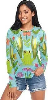 [RPLIFE] Cute Green Frog Flowers Long Sleeve Fishnet Top, Sheer Shirt Women S-XXL