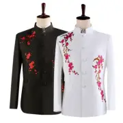Chinese Style Tunic Suit Men's Embroidery Stand Collar Stage Floral Coat+pants
