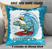 Dinosaur Surfing Cushion Cover Sequin Throw Pillow - Personalised