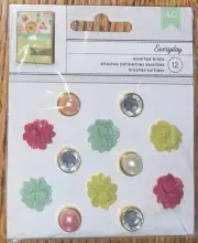American Crafts Assorted Brads Colorful Flowers Gems Pearls 12 Pc Card Scrapbook