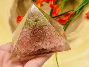 Rose Quartz Orgone Pyramid with Reiki Sign, Rose Quartz Orgonite Pyramid, 3 Inch