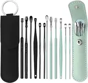12 Pcs Ear Pick Earwax Removal Kit, Ear Wax Removal Tool, Stainless Steel Earwax Removal Tool with Leather Storage Box (Black+Green)