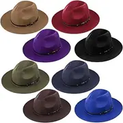 [Yahenda] 8 Pcs Classic Wide Brim Fedora Hats for Women Bulk Panama Hat Adjustable Cowboy Cowgirl Felt Hat with Belt Buckle Vintage Wool Wide Brim Hat, 8 Colors, Black, Wine Red, Navy Blue, Blue, Brown, Camel, Army Green, Purple, Medium