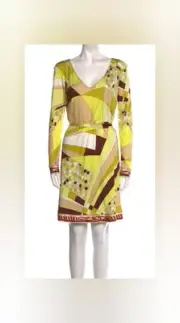 NWT Emilio Pucci Yellow Multicolor Signature Print Longsleeve Silk Dress 10 US