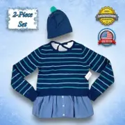 P.S. Aeropostale 2pc Glitter Blue Stripe Shirttail Sweater & Beanie Hat GIRLS 12