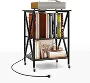 Giantex Record Player Stand, Turntable Stand w/Charging Station, Heavy-Duty Metal Frame Side Table w/Divider, Vinyl Storage Cabinet, Home Accent Display Table for Living Room (Gray)