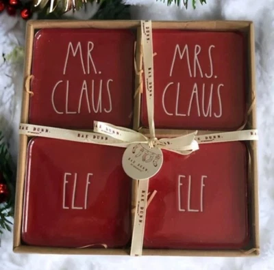 NEW 4pc Rae Dunn/Magenta Coaster, Christmas Holiday Decor/Set Mr Mrs Claus Elf