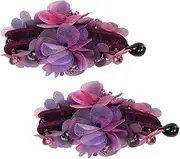 2pcs Purple Fabric Flower Hair Clips for Women Stylish Ponytail Holders with Beads Secure Hair Claw