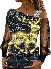 [Generic] Plus Size T Shirt Women Glass Gradient Sequin Print Mesh Long Sleeve Spliced ​​Top Womens Compression Shirt