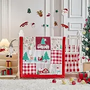 Christmas Red Crib Bedding Set 3 Pieces New Year Style Quilted Plaid Comforter with Fitted Sheet and Bed Skirt - Cute White Snowman Tree Deer Cream Toys House Design Baby Crib Bed Set