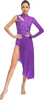 [Jugaoge] Women Lyrical Dance Costume Sparkly Rhinestone Mock Neck Mesh Flowy Dress Contemporary Dancewear