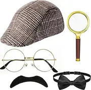 6 Pcs Detective Costume Accessories Set Detective Hat Pipe Magnifying Glass Bow Tie Fake Mustache Lensless Glasses for Role