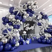 Blue and Silver Balloon Garland Arch Kit, Blue and White Balloons with confetti balloons for Graduation Baby Shower Prom Wedding Birthday Party Decorations