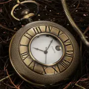Bronze Engraved Roman Number Unisex Quartz Pocket Watch with Date FOB Chain