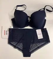 NWT Simone Perele Bra Set 32D Dark Blue Small Panties