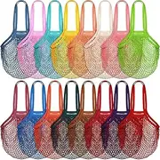 Shappy 16 Packs Reusable Mesh Grocery Bags Washable Fruit & Vegetable Produce Bag Cotton Market Long Handle Shopping Large Storage Netted Tote Organizer Handbag, Colors, Multicolor,