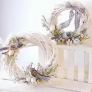 White Garland Wicker Round Design Tree Rattan Wreath Ornament Vine Ring Decor