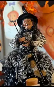 Black & White Witch Doll With Broom And Spider Web Pattern On Dress