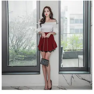 白色平口一字領短版修身上衣+紅色高腰魚尾裙兩件式套裝正韓女生衣著兩件式性感洋裝 撞色迷你連身裙