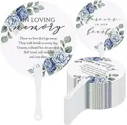 Teling 50 Pcs Funeral Favors Fans Memorial Paper Fans Handheld Remember Me Hand Held Parlor Fans Thick Paper Fans with Wooden Handle Hand for Funeral Services Condolence Sympathy Gift(Blue Flower)