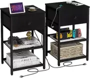 Nightstands Set of 2 with Charging Station, Bedside Tables with Fabric-Wood 2-In