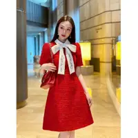 在飛比找蝦皮購物優惠-白色領結紅色連衣裙,印有厚划痕羅紋材料奢華派對禮服 EH77