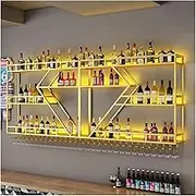 Wine Rack Wall Mounted Metal Bar Shelves LED Light Liquor Bottle Display Shelf with Wine Holder Glass Rack Bar Floating Shelves Bar Cabinet for Cafe Kitchen Dining Room(Gold-Yellow