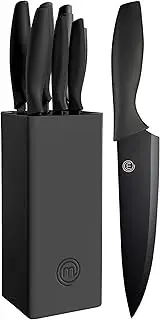MasterChef Knife Block Set of 6 Kitchen Knives, Extra Sharp Stainless Steel Blades for Professional Cutting with Non Stick Coating & Soft Touch Easy Grip Handles in a Universal Block, Essential Black