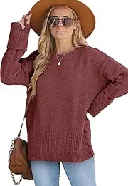 [Jhsnjnr] Women's Roundneck Oversized Jumpers Loose Chunky Pullover Sweater Fuzzy Knitted Long Sleeve