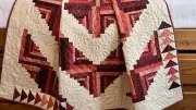 Handmade Quilt Red Pink and Neutral Patchwork Log Cabin Design Home Decor Gift