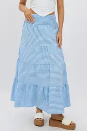 Blue Stripe Maxi Skirt Shirred Waist Tiered Relaxed Fit - Size 16XL, Women's Maxi Skirt