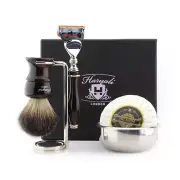 FIVE PIECES Shaving Kit 5 Edge Razor, Black Badger Brush Stand, Bowl & Soap Gift