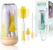 IvyWind Electric Travel Baby Bottle Brush Set with Storage Box, Automatic Bottle Cleaner Brush Kit with Silicone Bottle/Nipple/Straw Brush,Milk Frother Electric and Drainage Rack, Rechargeable, Yellow