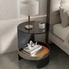 High-end Glass Coffee Table w/ Saddle Leather Shelf Side End Table Bedside Table