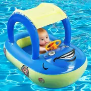 Baby Inflatable Pool Float With Canopy, Car Shaped Swim Float Boat For Infant Toddler Kids Dark Blue